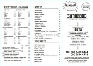 SHANDONG Menu