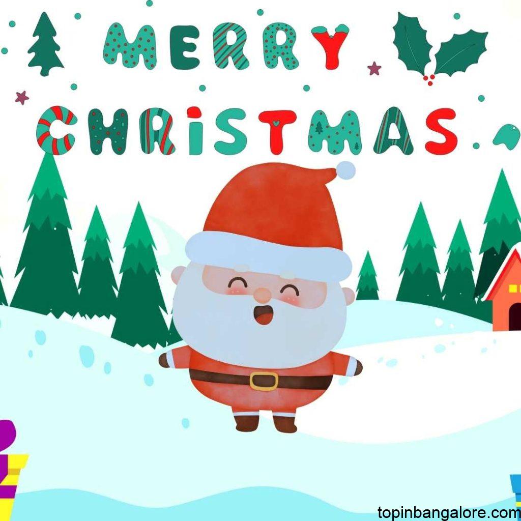 Wow! Santa is coming with surprising gift by wearing red cap from the christmas tree jungle. This is wonderful and amazing merry christmas banner to wish your family, friends and relatives.
