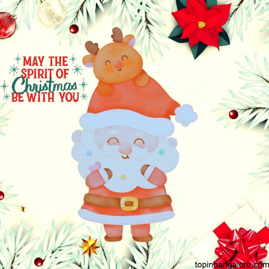 May the spirit of christmas be with you banncer with santa backround and other decorative flowers and colours.