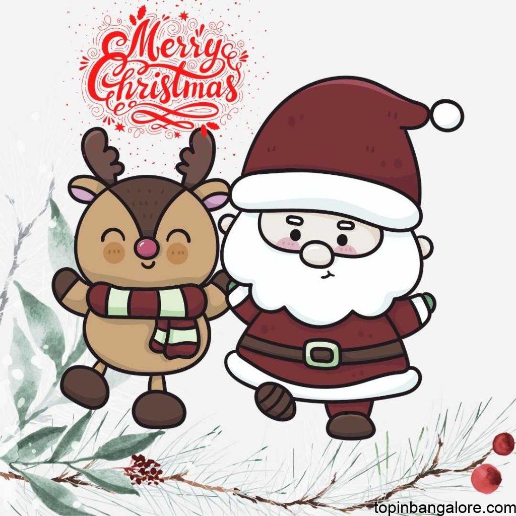 Merry christmas written in red color and stylish letters and santa clothes and cartoon backround.