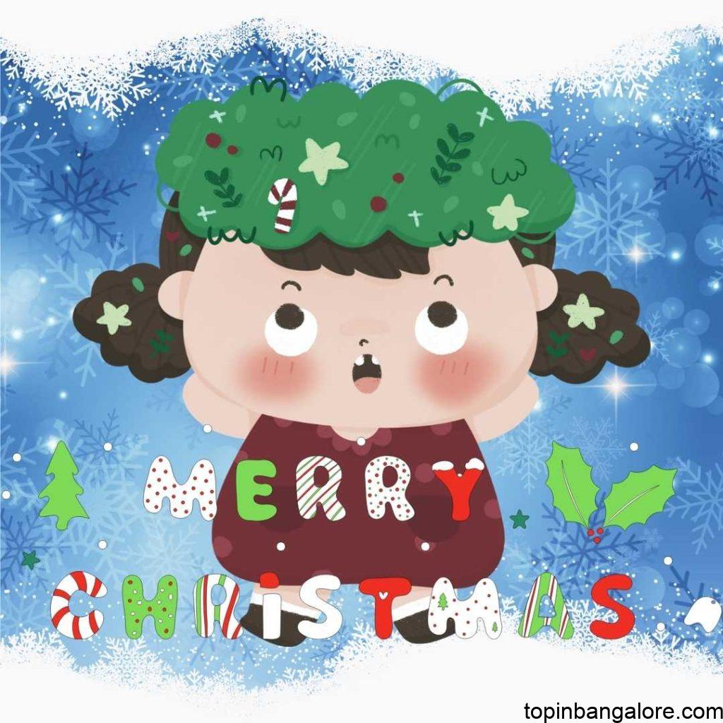Merry christmas with colorful and bold letters and blue and cloud types backround and surprising cartoon.