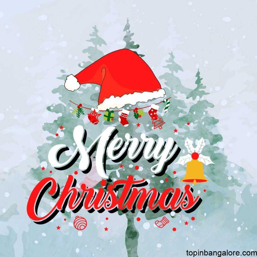 Merry christmas banner with yellow bell, santa cap, christmas tree and wonderful ice backround.