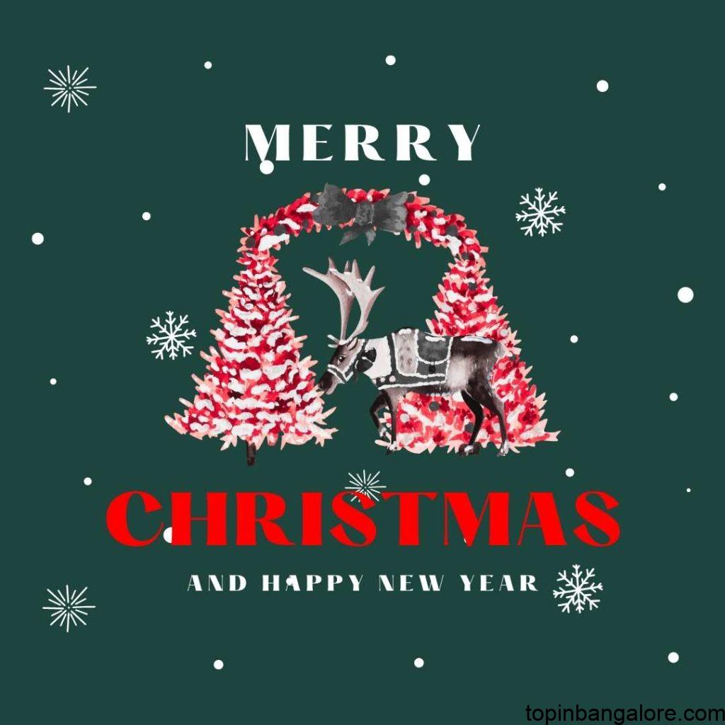 Merry Christmas and happy new year image with christmas tree and dark and bold green backround.
