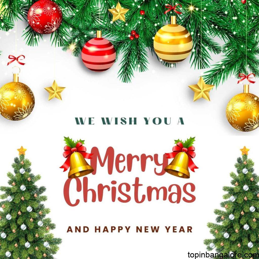 This Merry Christmas image includes two bells in golden colors and green christmas trees.